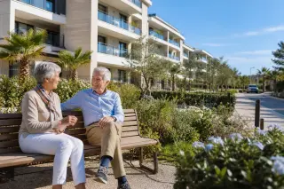 Contemporary senior residence in Mediterranean style, with two autonomous seniors smiling and sitting on a bench in a landscaped garden, surrounded by palm and olive trees on a sunny day.