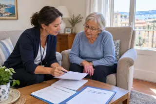 Elderly woman and a social worker discussing official forms in a bright living room, calm and supportive atmosphere.