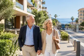 Couple de seniors découvrant une résidence services dans un quartier ensoleillé de Nice, avec un tramway et la mer en arrière-plan.